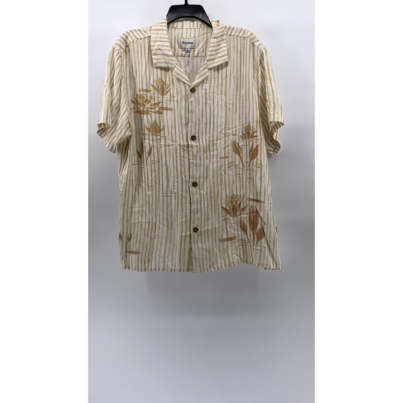 RHYTHM Men’s Camel Lily Stripes Cuban Button-Up Short Sleeve Shirt SZ L
