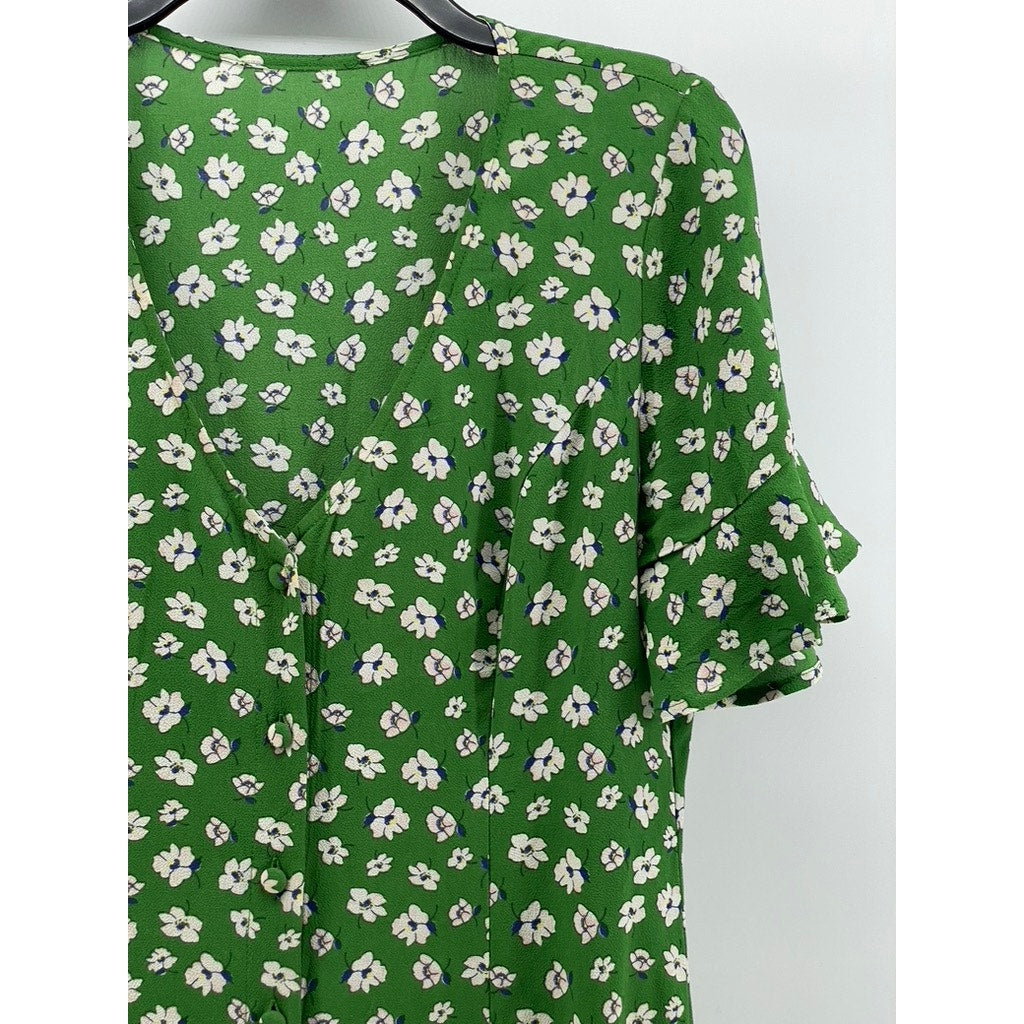 UNBANDED Women's Green Floral V-Neck Button-Up Ruffle Elbow Sleeve Dress SZ M