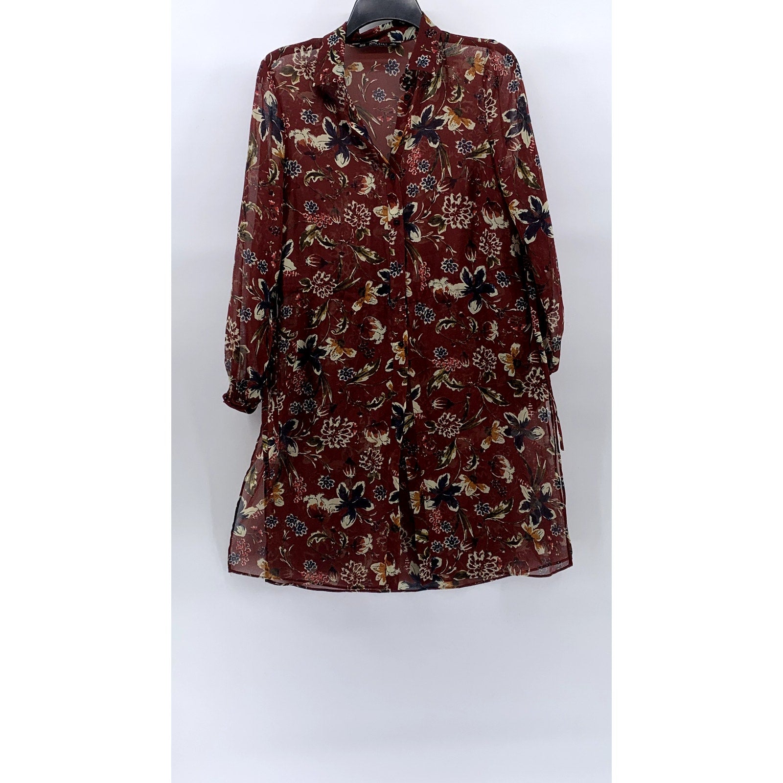 ZARA BASIC Women's Burgundy Floral Long Sleeve Button-Up Side-Slit Duster SZ XS
