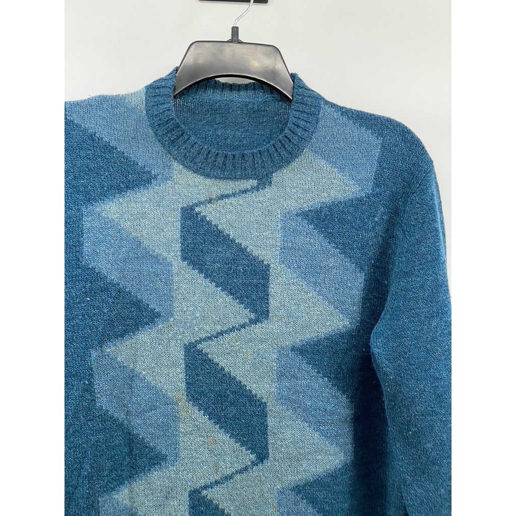 UNBRANDED Men's Blue Zig-Zag Crewneck Knit Wool-Blend Pullover Sweater SZ S