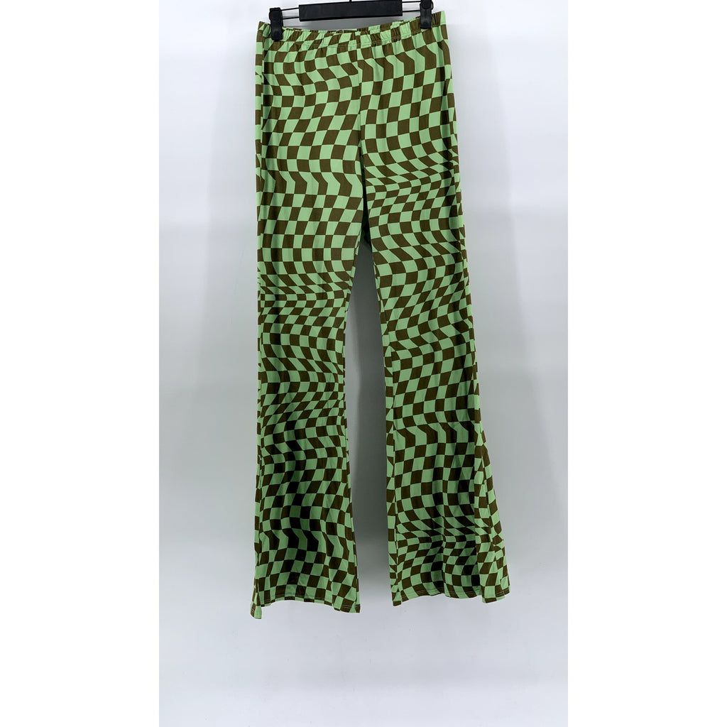 BETTER BE Women’s Green-Brown Checkered Pull-On Flared Pants SZ L