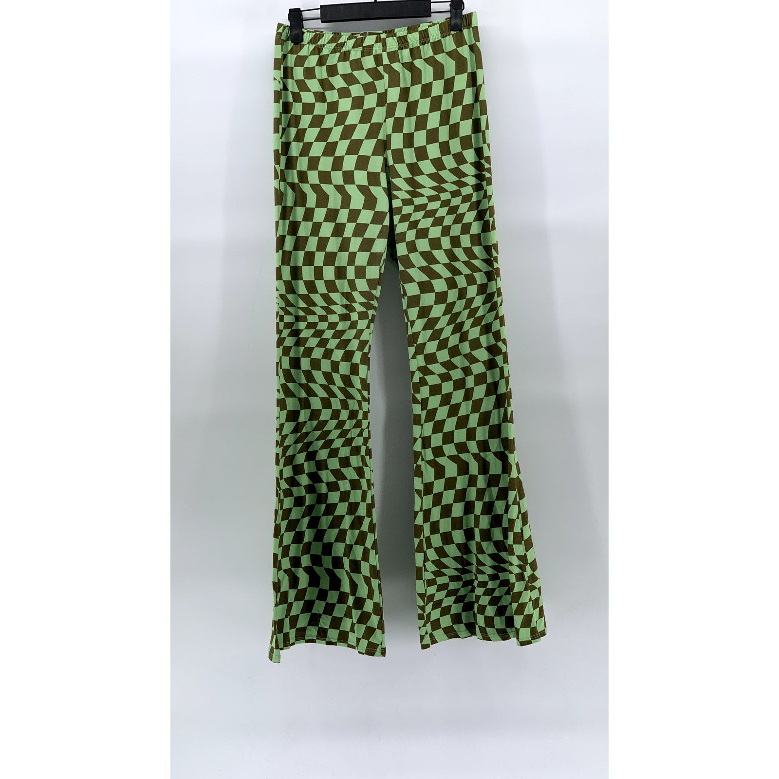 BETTER BE Women’s Green-Brown Checkered Pull-On Flared Pants SZ L