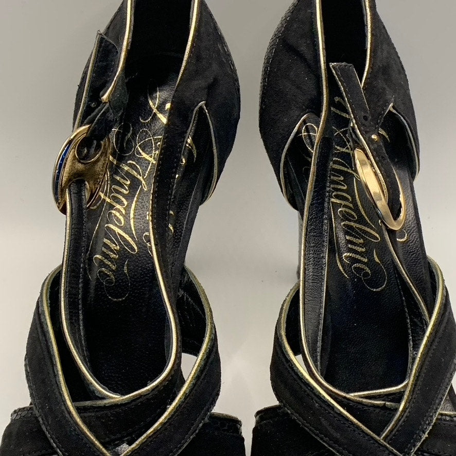 ALEJANDRO INGELMO Women's Black/Gold Peep-Toe Cross Strap Heels SZ 9