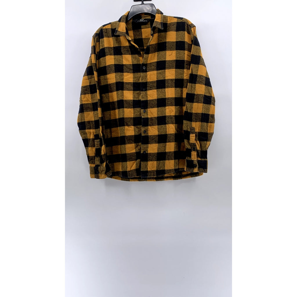 BERSKHA Men's Black-Yellow Plaid Regular-Fit Button-Up Long Sleeve Shirt SZ M