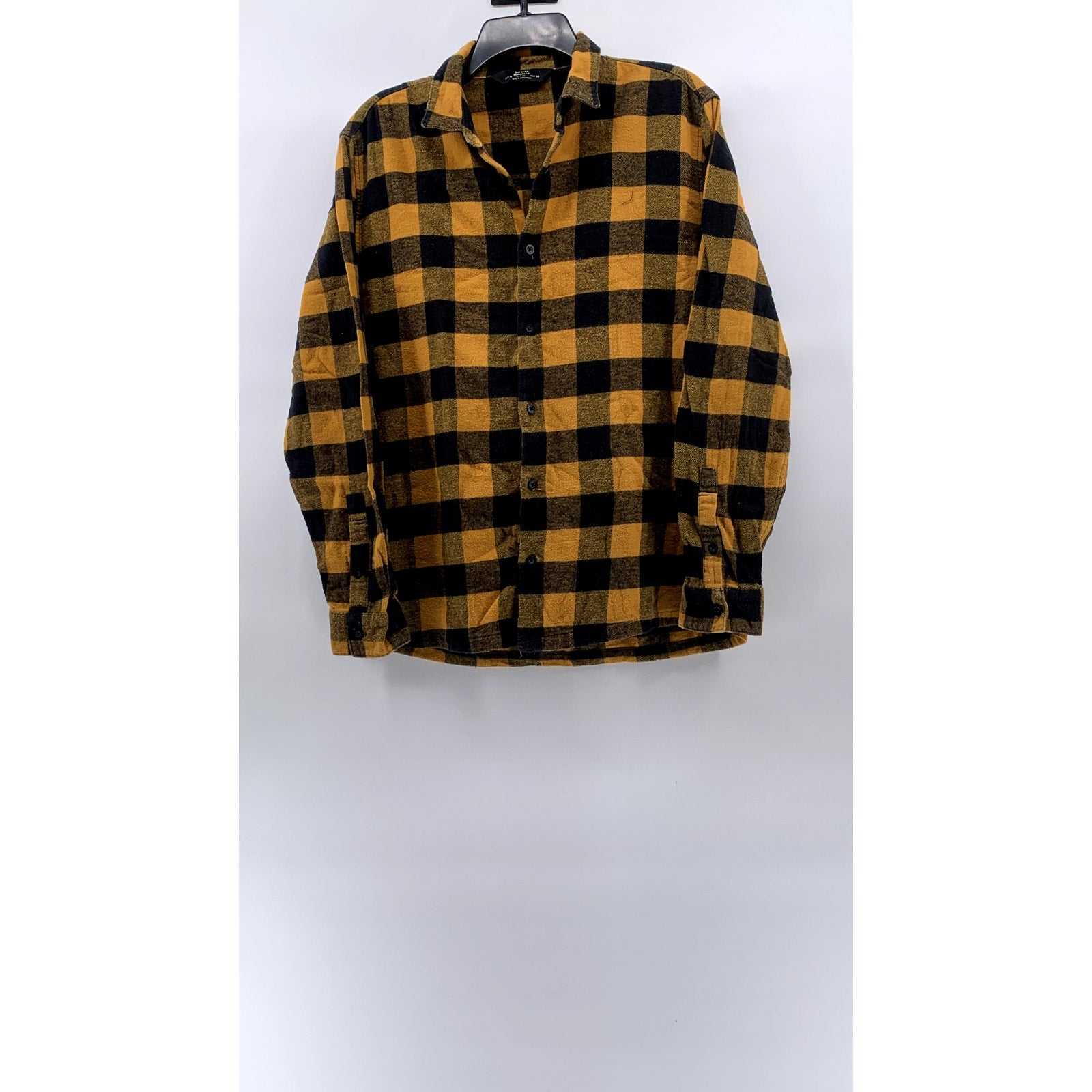BERSKHA Men's Black-Yellow Plaid Regular-Fit Button-Up Long Sleeve Shirt SZ M