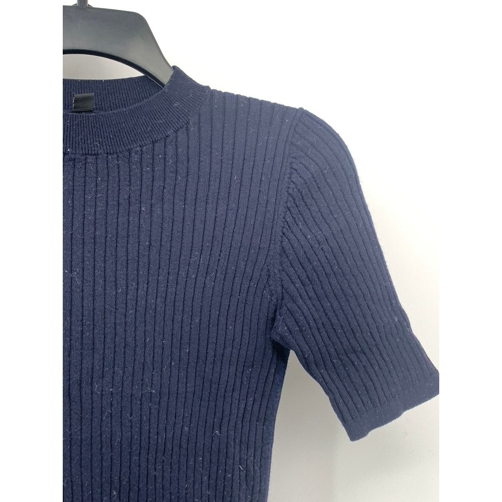 UNIQLO Women's Navy Rib Knit Short Sleeve Cropped Mock-Neck Top SZ M