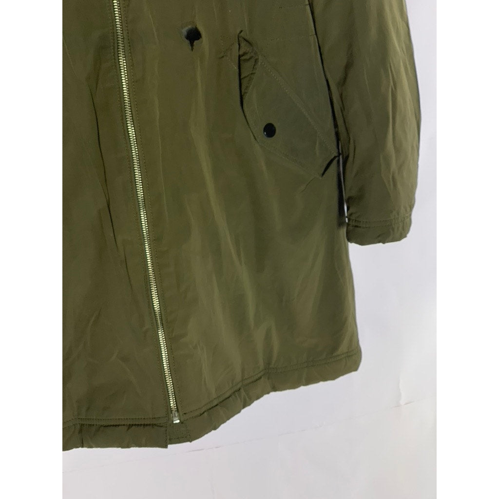 MAVI DENIM WEAR Women's Green Olive Zip-Up Faux-Fur Hooded Back Parka Jacket SZS