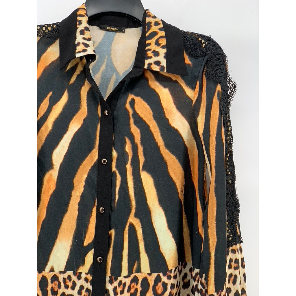 GENESE Women's Black-Brown Animal Print Long Sleeve Button-Up Top SZ 2