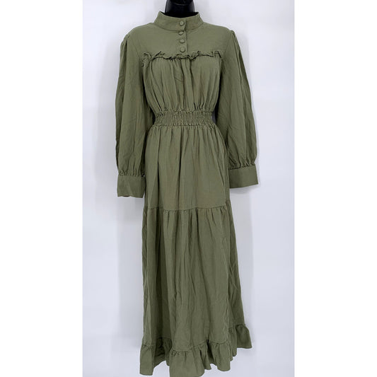 UNBRANDED Women’s Army Green High-Neck Long Sleeve Prairie Maxi Dress SZ XL