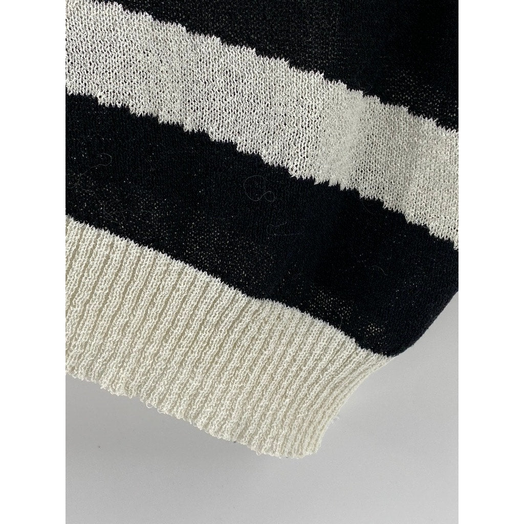 LX STUDIOS Women's Black-Cream Striped Crewneck Asymmetrical Hem Knit Top SZ S
