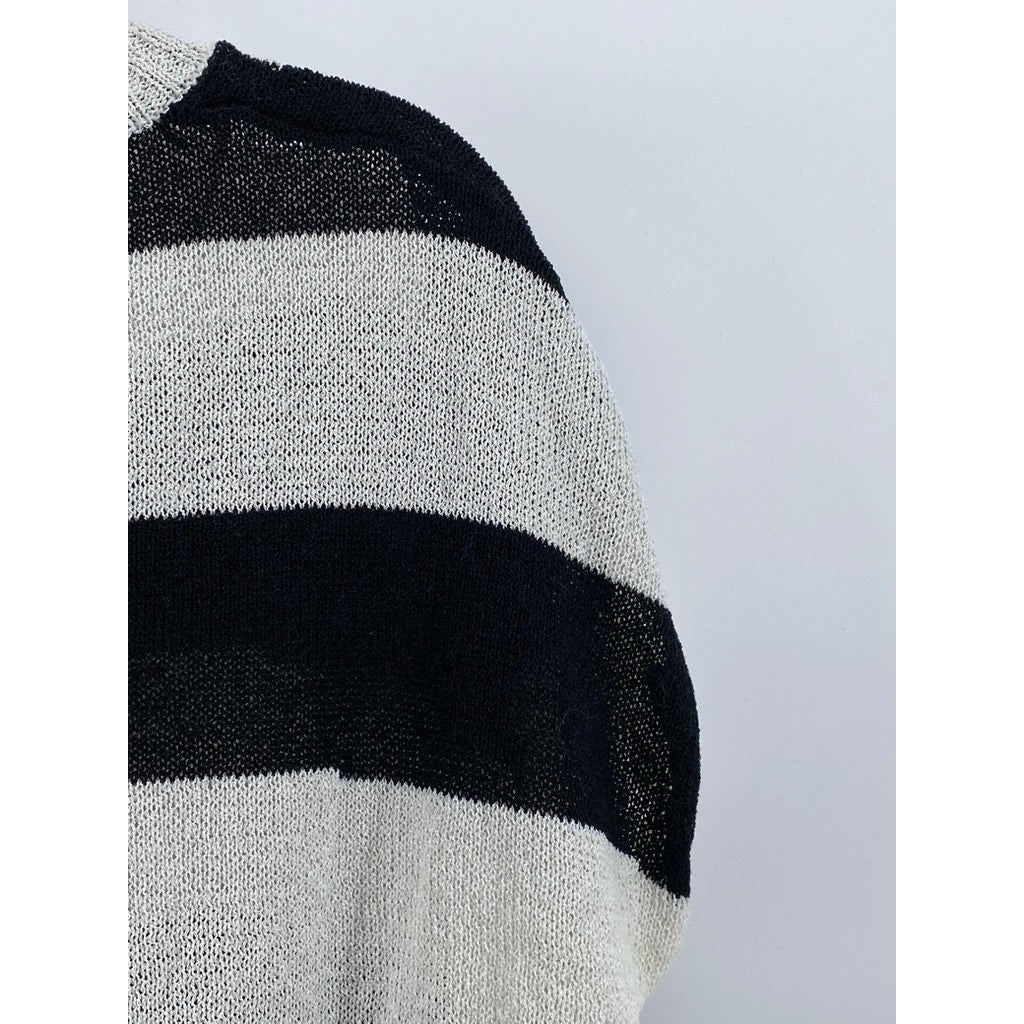 LX STUDIOS Women's Black-Cream Striped Crewneck Asymmetrical Hem Knit Top SZ S