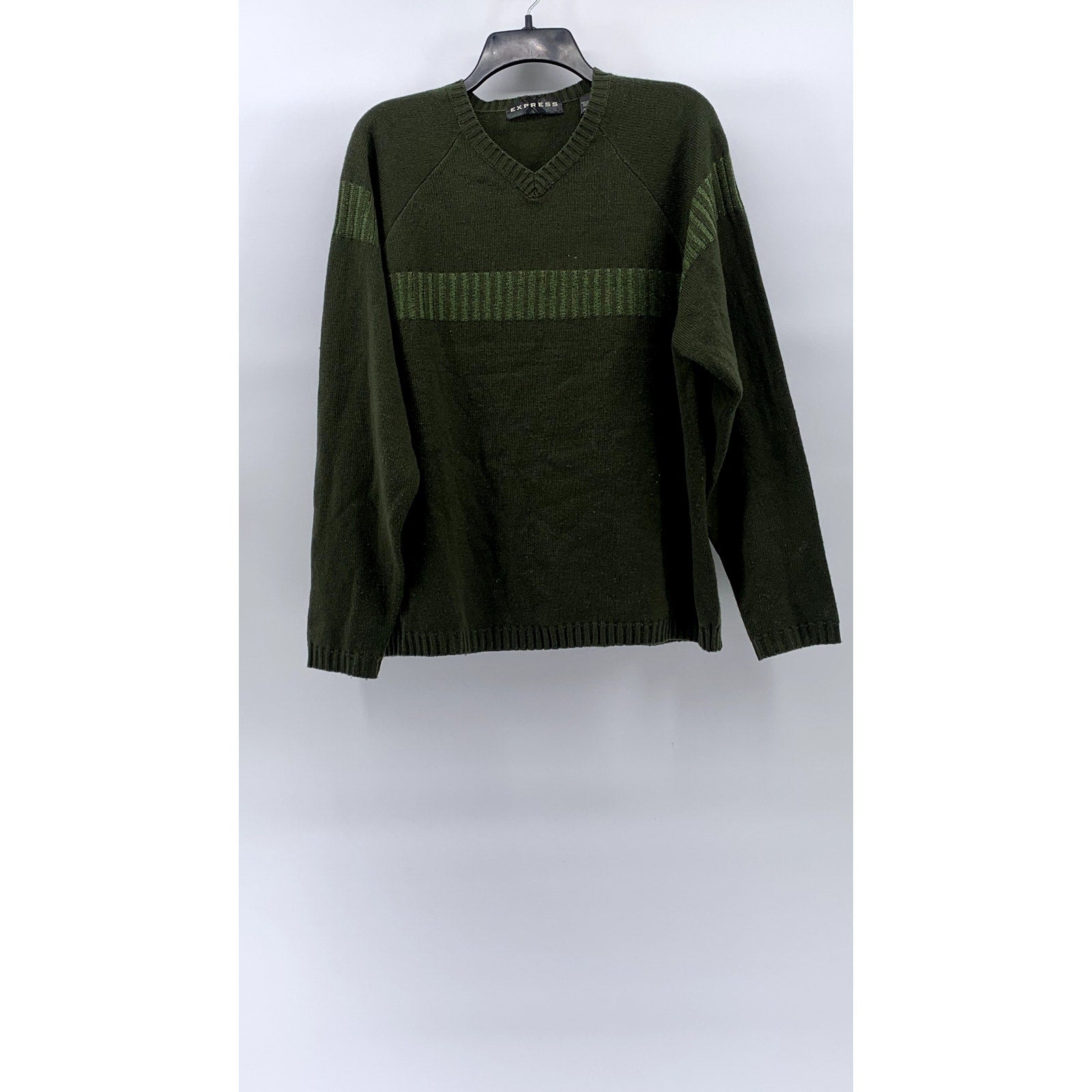 EXPRESS Men’s Dark Green V-Neck Knit Striped Long Sleeve Pullover Sweater SZ L