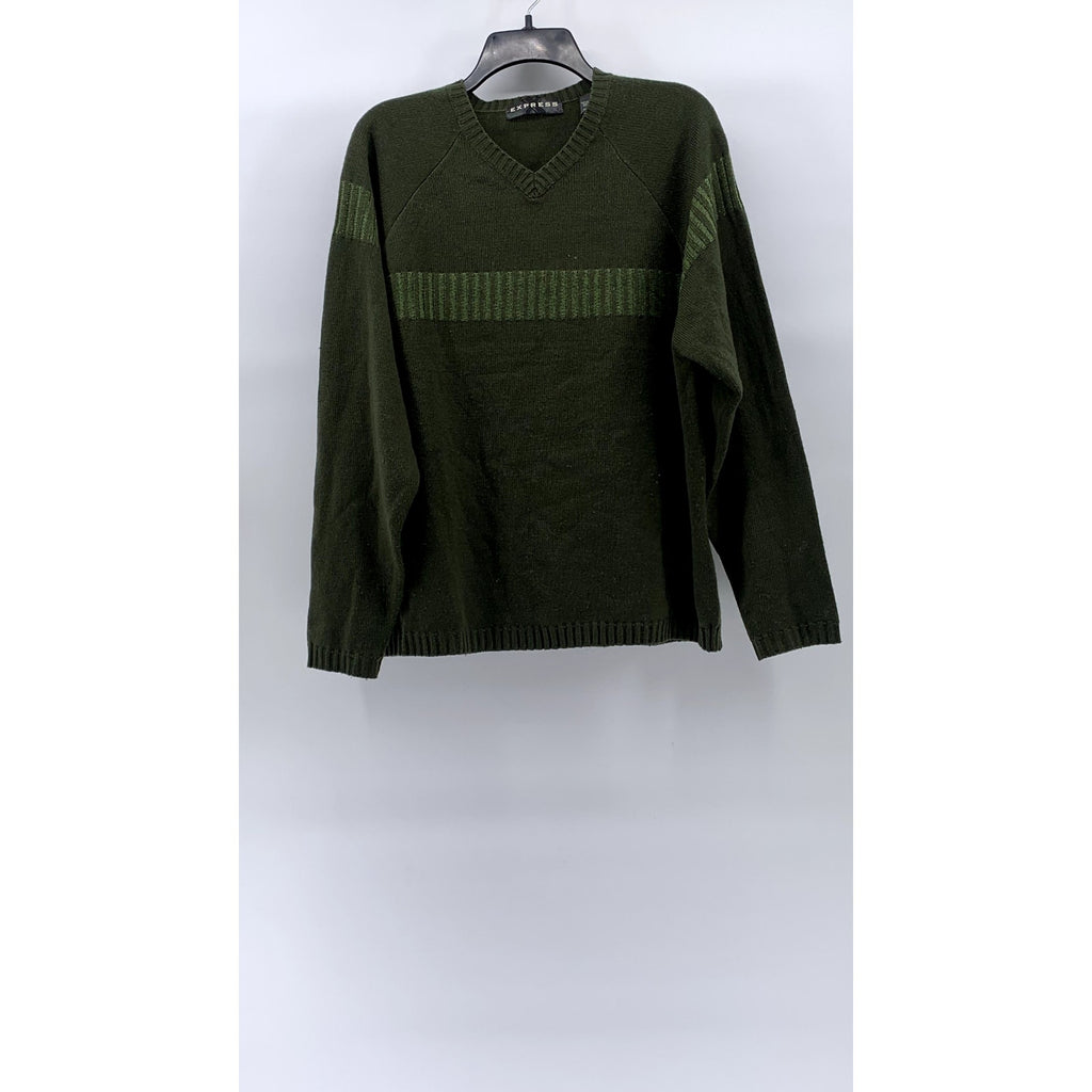 EXPRESS Men’s Dark Green V-Neck Knit Striped Long Sleeve Pullover Sweater SZ L