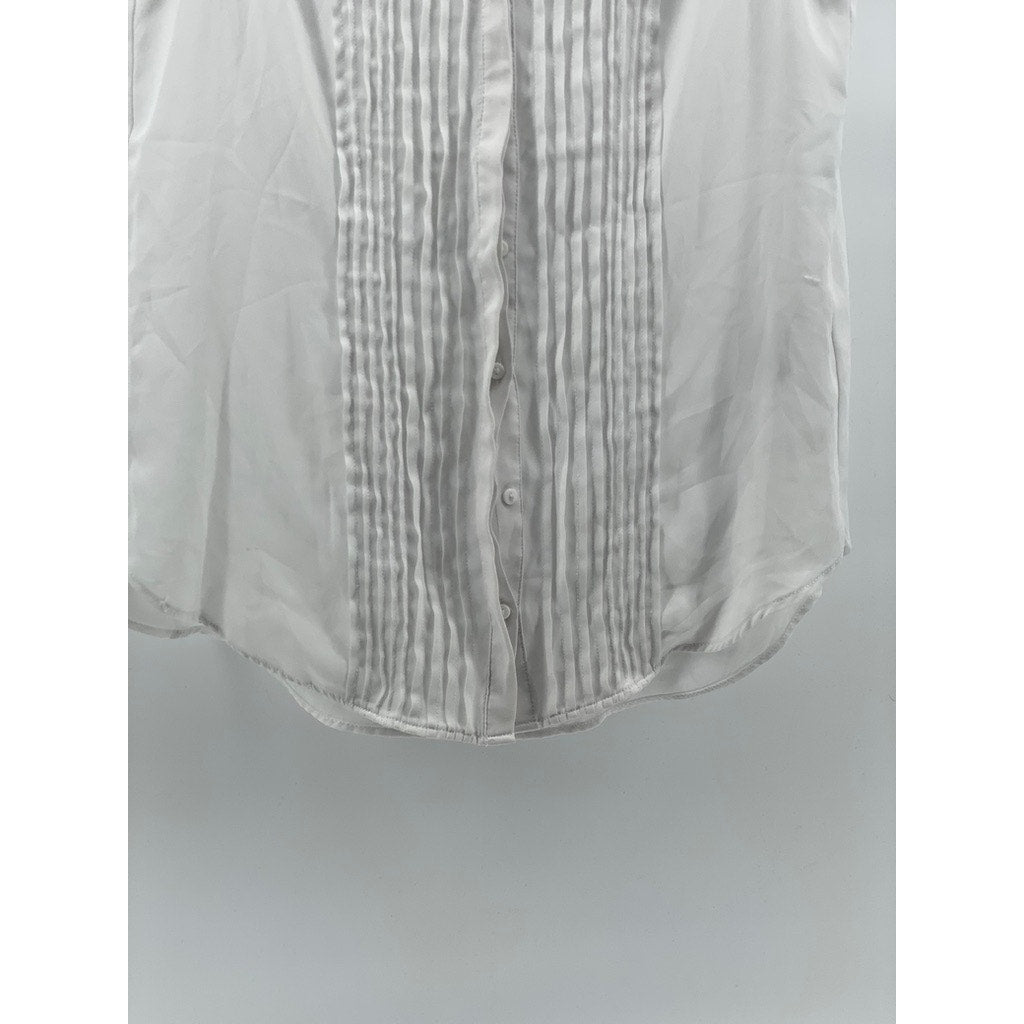 H&M Women's White Pleated Button-Up Short Flutter Sleeve Semi Sheer Top SZ 4