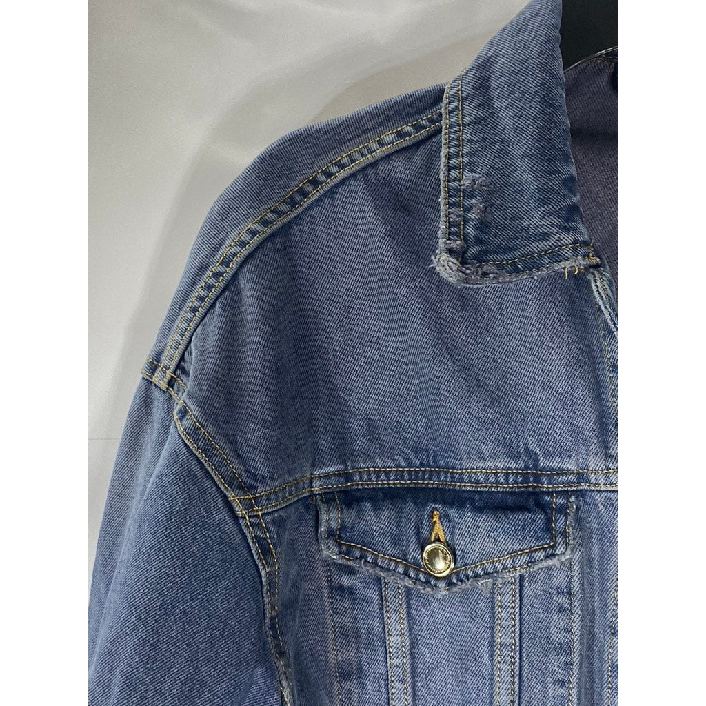 ZARA Women's Dark Navy Blue Denim Distressed Button-Up Oversized Jacket SZ M