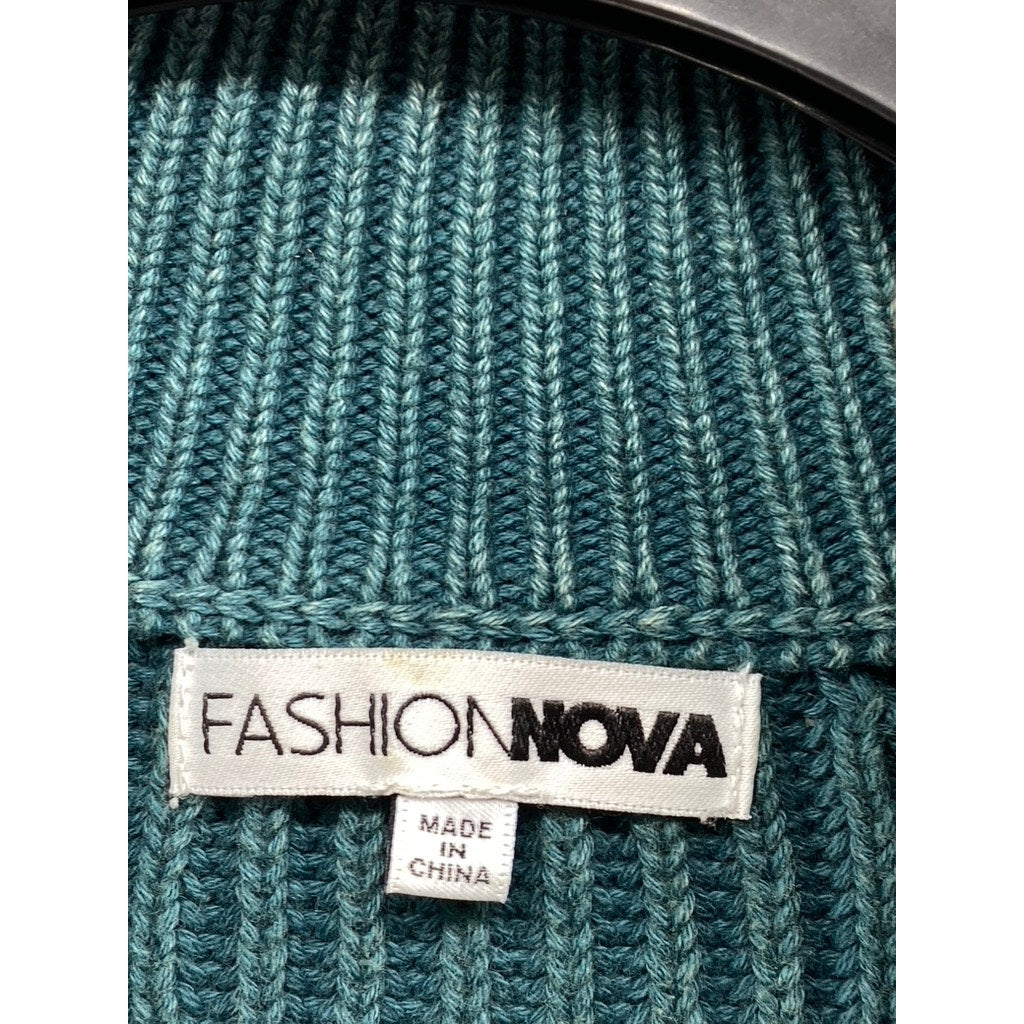 FASHION NOVA Women's Blue Green Ribbed Forward Mock Neck Zip-Up Sweater SZ XS