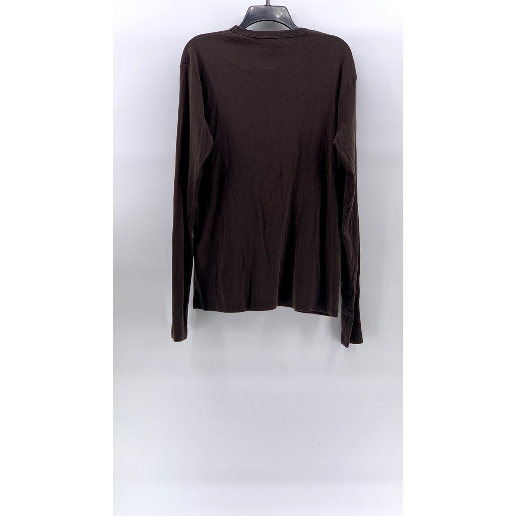 GU Men's Dark Brown Ribbed Crewneck Washed Slim-Fit Long Sleeve T-Shirt SZ L