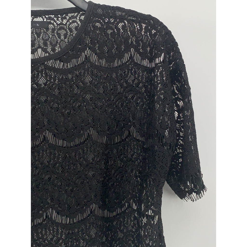 BURU & JUDY Women's Black Lace Scoop-Neck Short Sleeve Relaxed Fit Top SZ M