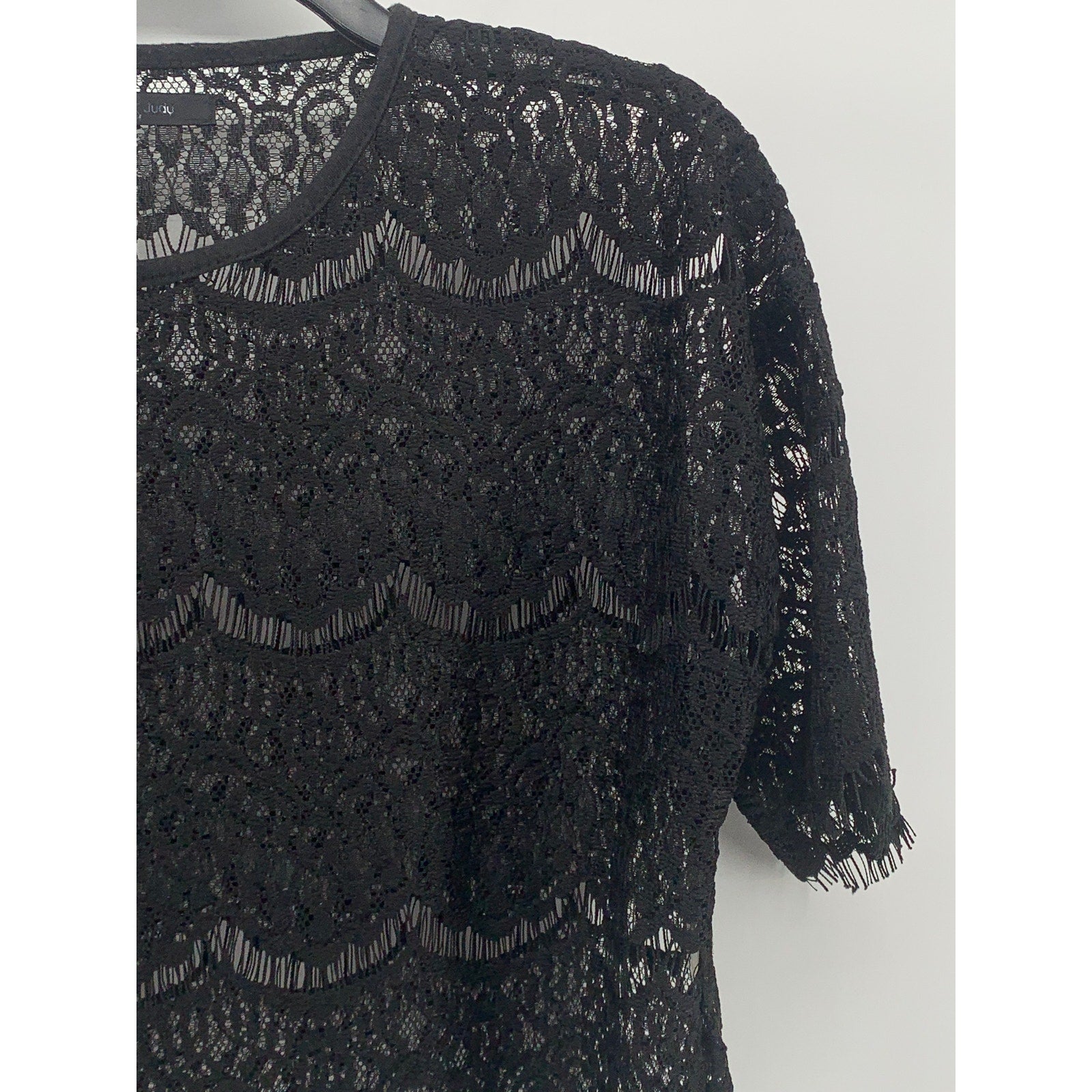 BURU & JUDY Women's Black Lace Scoop-Neck Short Sleeve Relaxed Fit Top SZ M