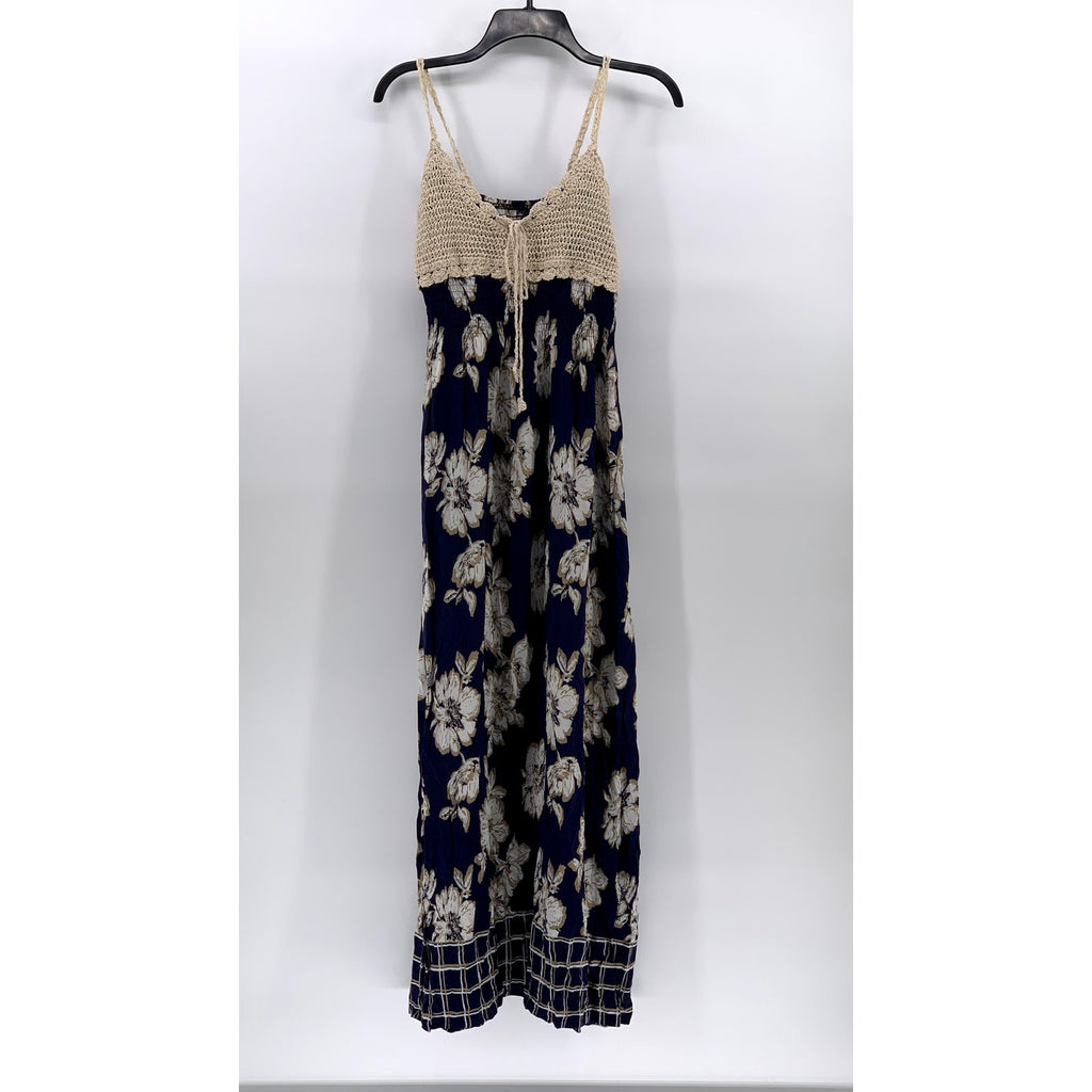 UNBRANDED Women's Blue Beige Printed Crochet Knit V-neck Maxi Dress SZ S