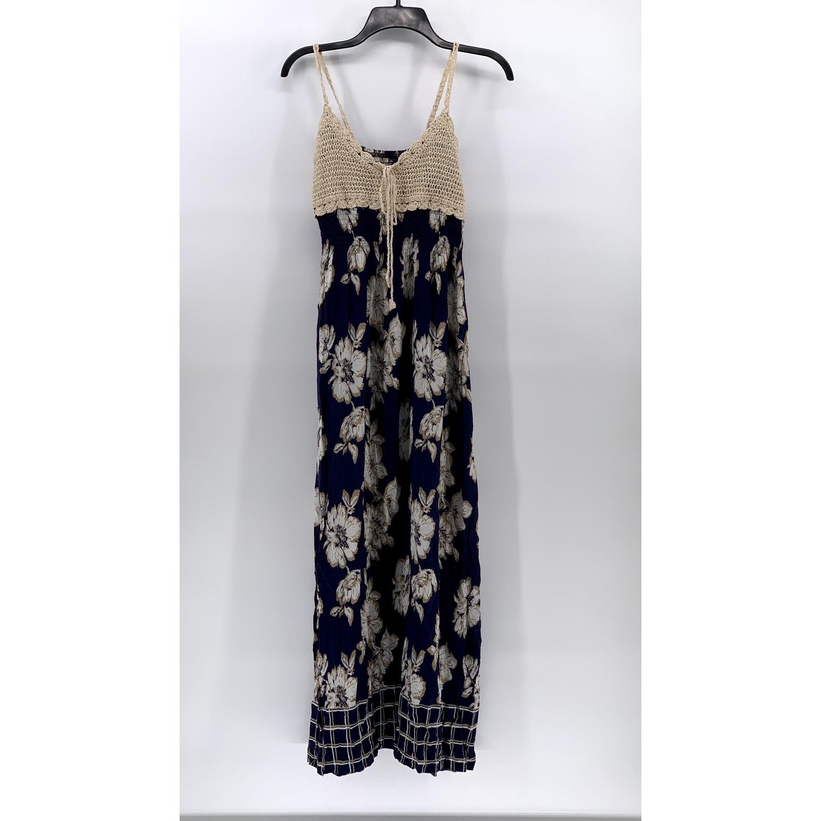 UNBRANDED Women's Blue Beige Printed Crochet Knit V-neck Maxi Dress SZ S