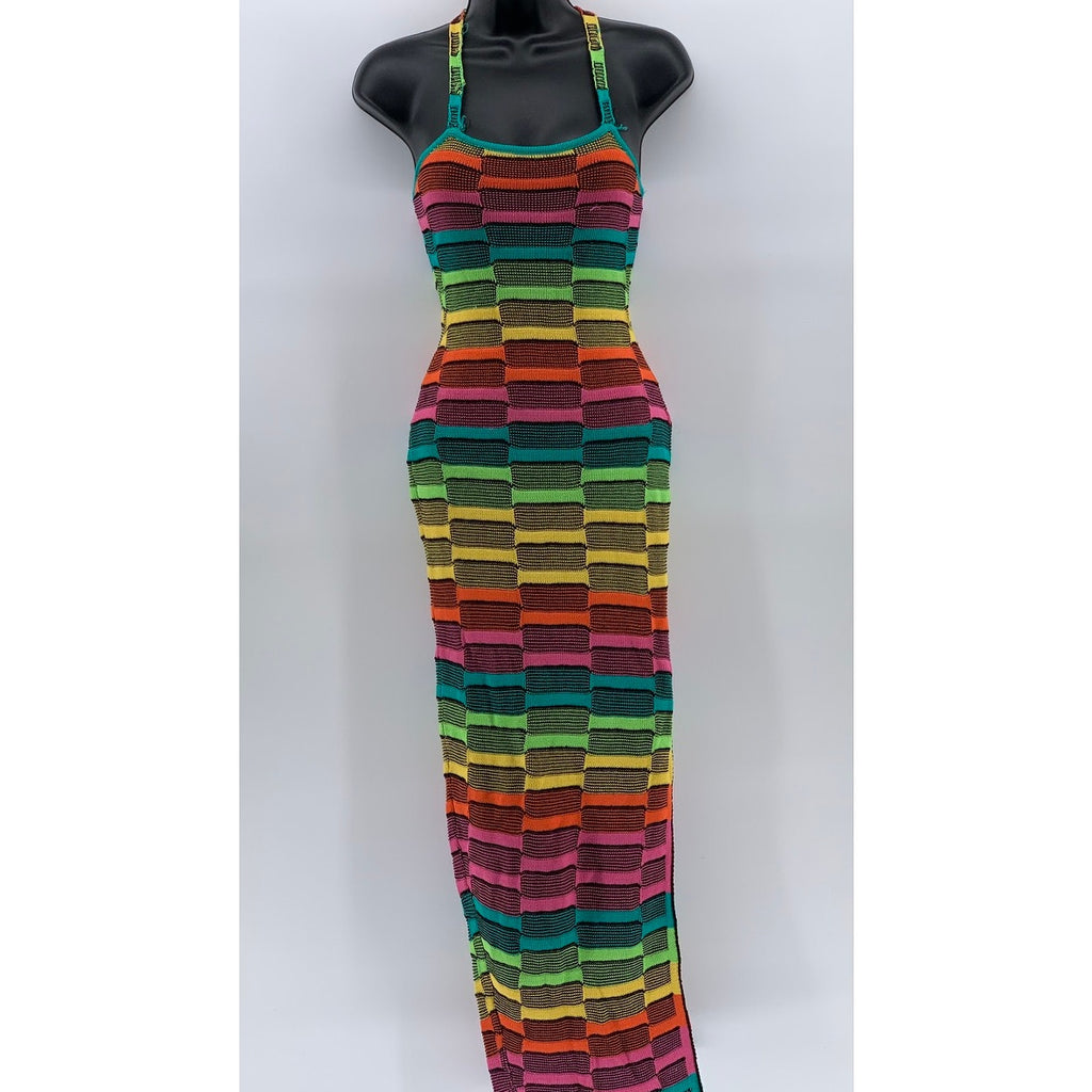 FASHION NOVA Women’s Multicolor Knit Scoop-Neck Side-Slit Maxi Halter Dress SZ S