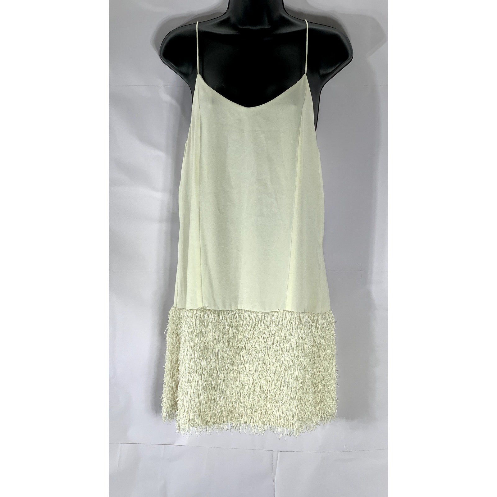 EMMELINE Women's Cream V-Neck Fringe-Hem Slip Mini Dress SZ M