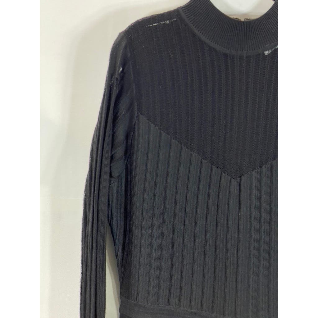 REISS Women's Clemmy Black Pleated Long Sleeve A-line Illusion Dress SZ L