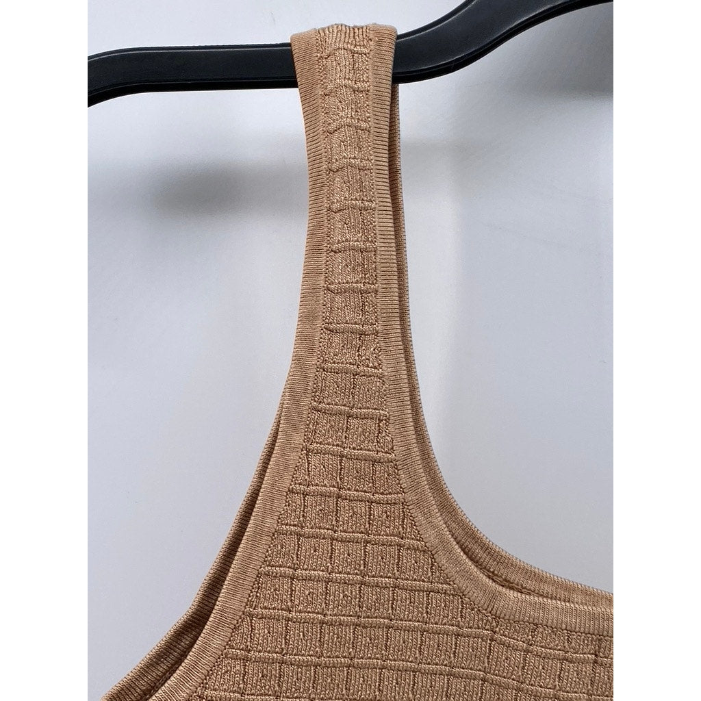 BABATON Women's Tan Sculpt Knit Button-Front Straight-Neck Cropped Tank Top SZ M