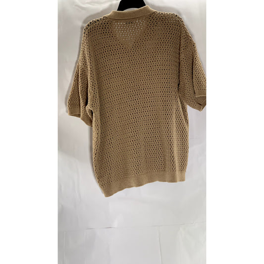 ZARA Men's Brown Textured Crochet Knit Short Sleeve Polo Shirt SZ M