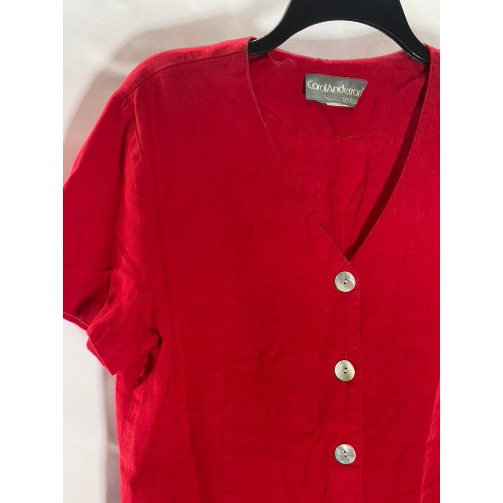 CAROL ANDERSON Women's Vintage Red Linen-Blend V-Neck Button-Up Top SZ 12