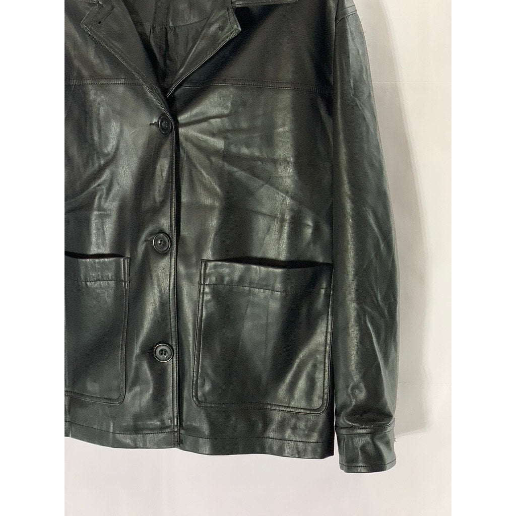 TOPSHOP Women's Black Faux-Leather Button-Up Long Sleeve Boxy Jacket SZ 4