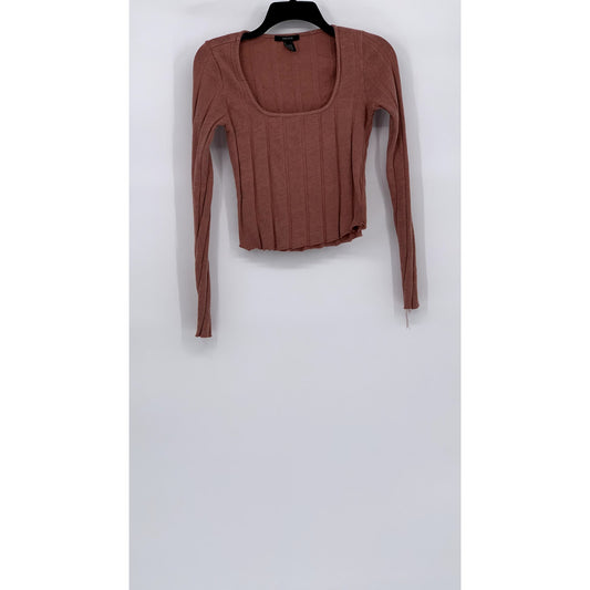 FOREVER 21 Women’s Rust Pink Wide Rib Straight-Neck Long Sleeve Crop Top SZ L