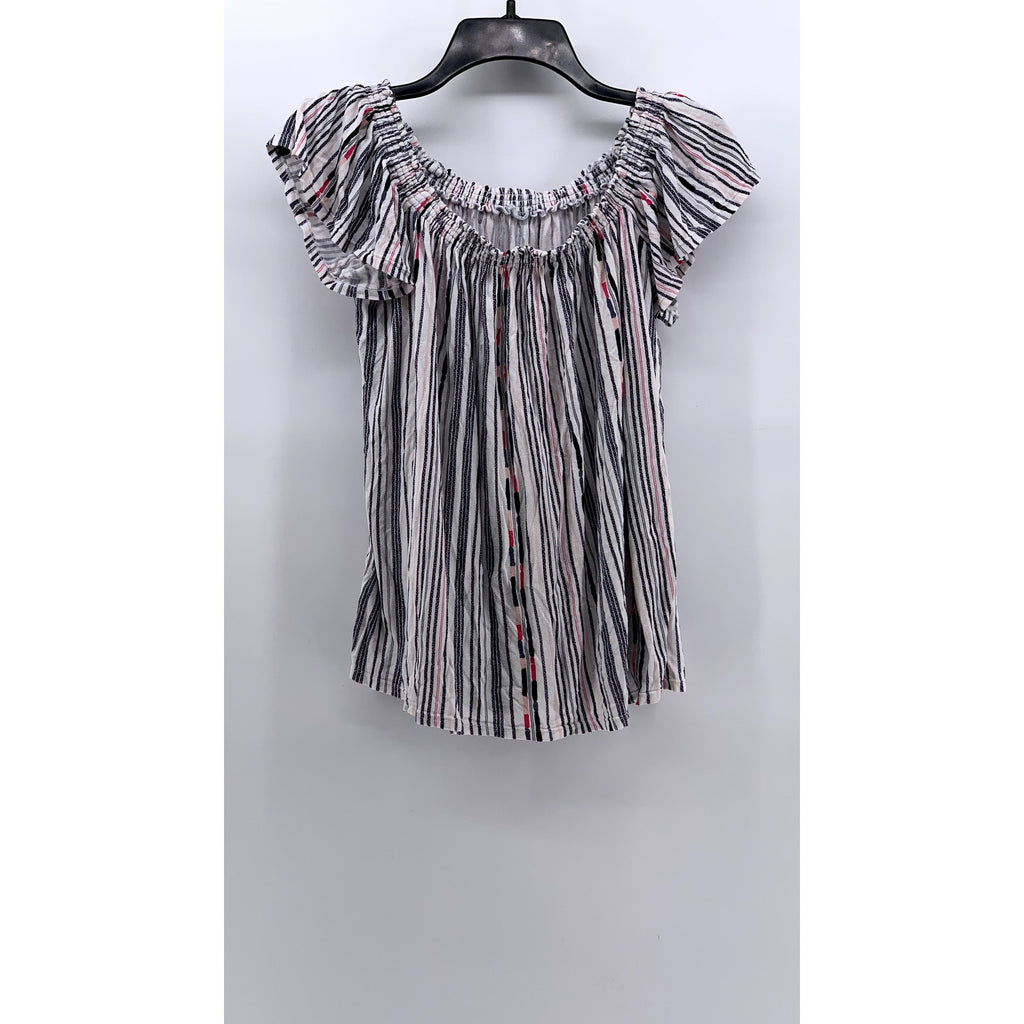 UNBRANDED Women's White-Navy Striped Boho Top SZ M