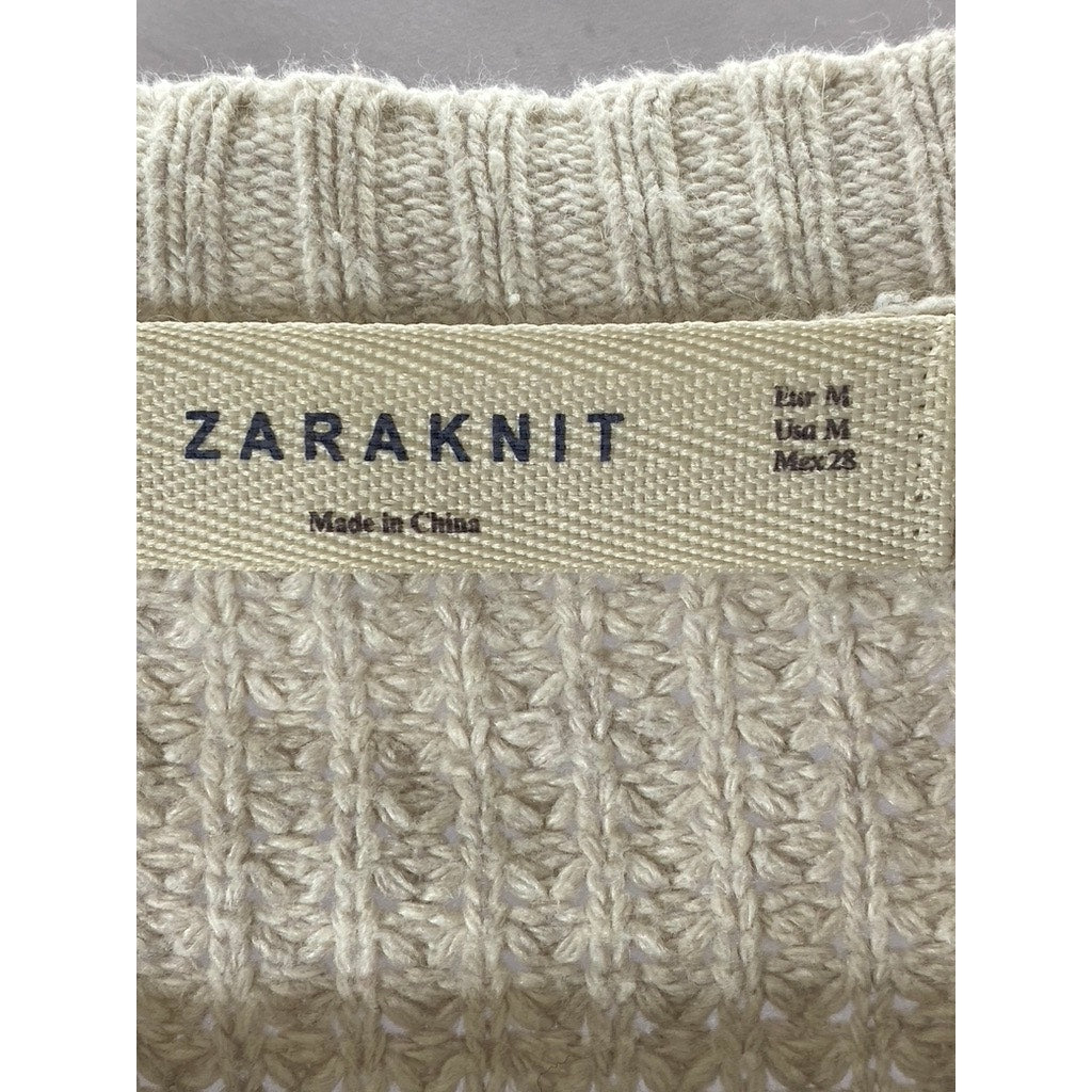 ZARA KNIT Women's Beige Crewneck Knit Dropped-Sleeves Sweater SZ M