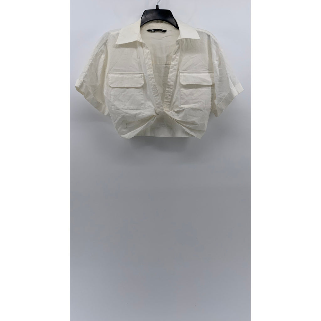 ZARA Women's White Solid Twist-Front Split-Neck Short Sleeve Crop Top SZ XS