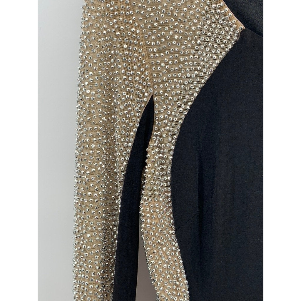 AQUA Women's Beige-Black Beaded Scoop-Neck Long Sleeve Illusion Shift Dress SZ 2