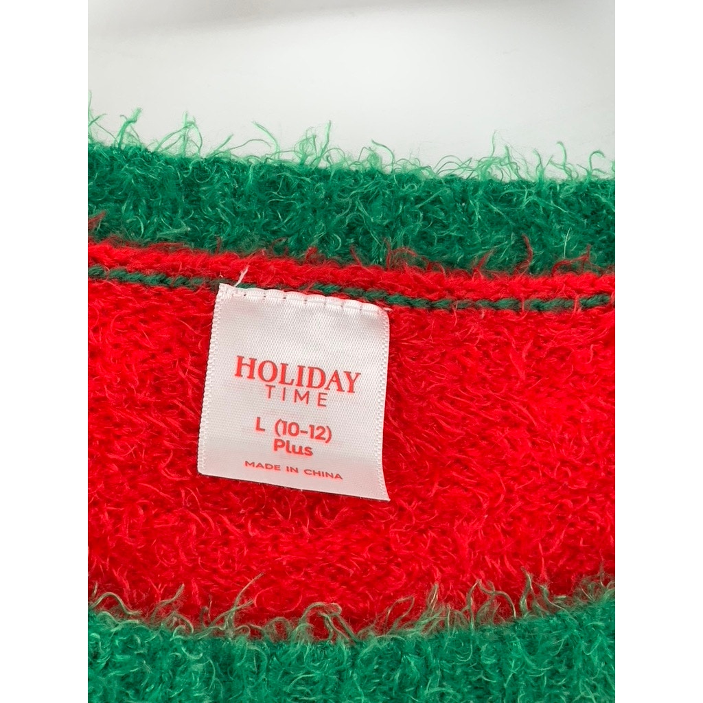 HOLIDAY TIME Girls' Plus Red-Green Faux-Fur Reindeer Knit Sweater SZ L(10/12)
