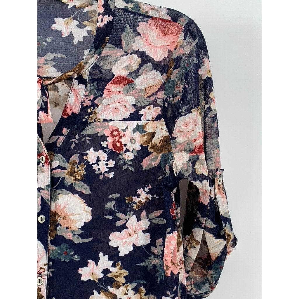 SIREN LILY Women's Navy Floral Mesh Button-Up Long Sleeve Top SZ S