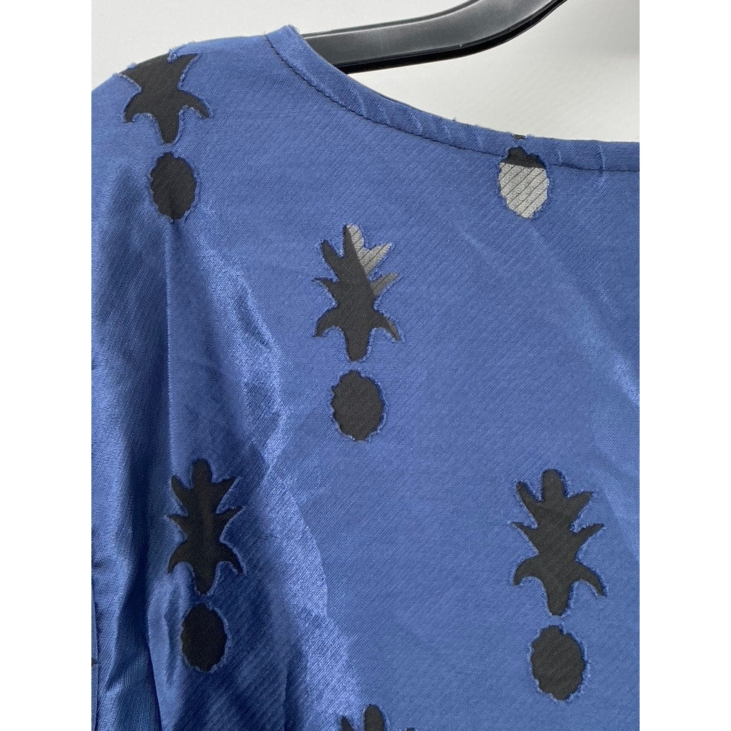 CABRAIS COLLECTION Women's Blue Pineapple Crewneck Short Sleeve Mini Dress SZ 12