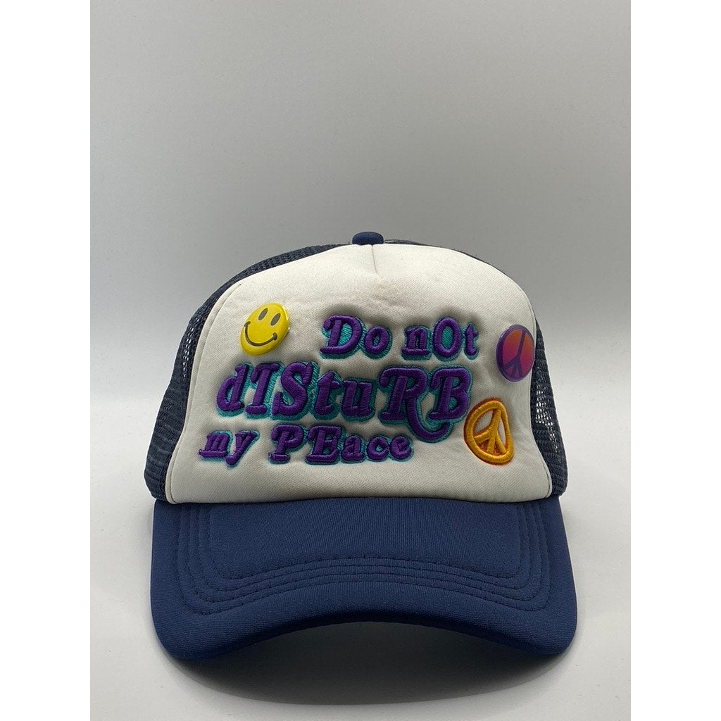 UNISEX Navy/White Embroidered "Do Not Disturb My Peace" Mesh Trucker Hat OS