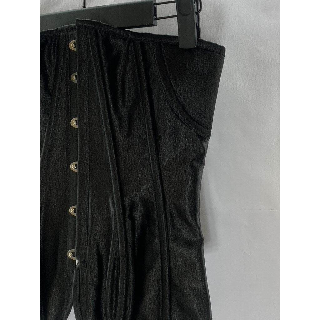 UNBRANDED Women's Black Satin Strapless Lace-Up Back Hook Front Corset Top SZ L