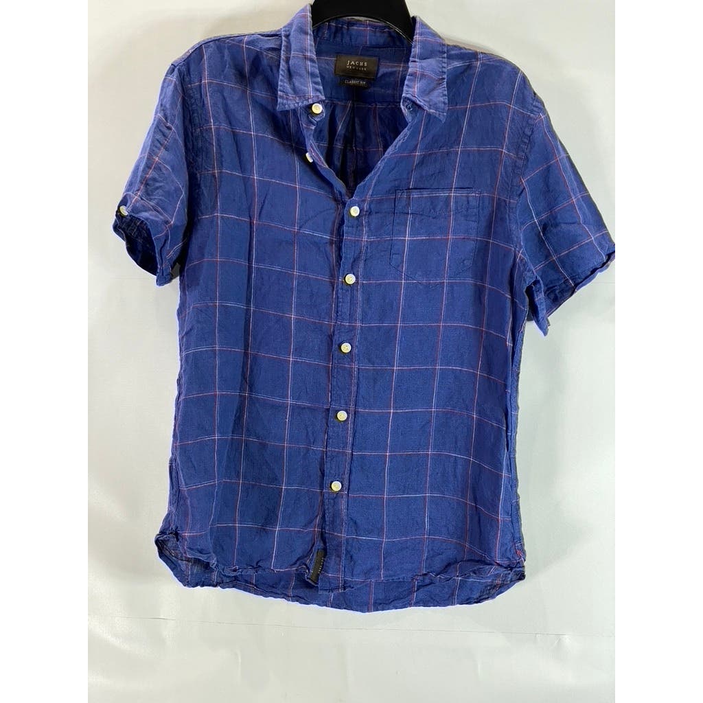 JACHS NEW YORK Men's Blue Windowpane Linen Classic-Fit Button-Up Shirt SZ S