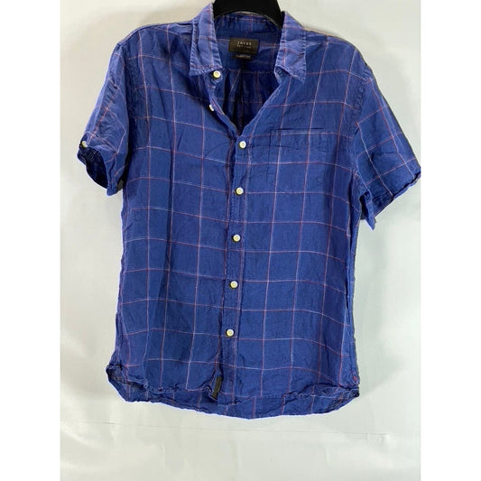 JACHS NEW YORK Men's Blue Windowpane Linen Classic-Fit Button-Up Shirt SZ S