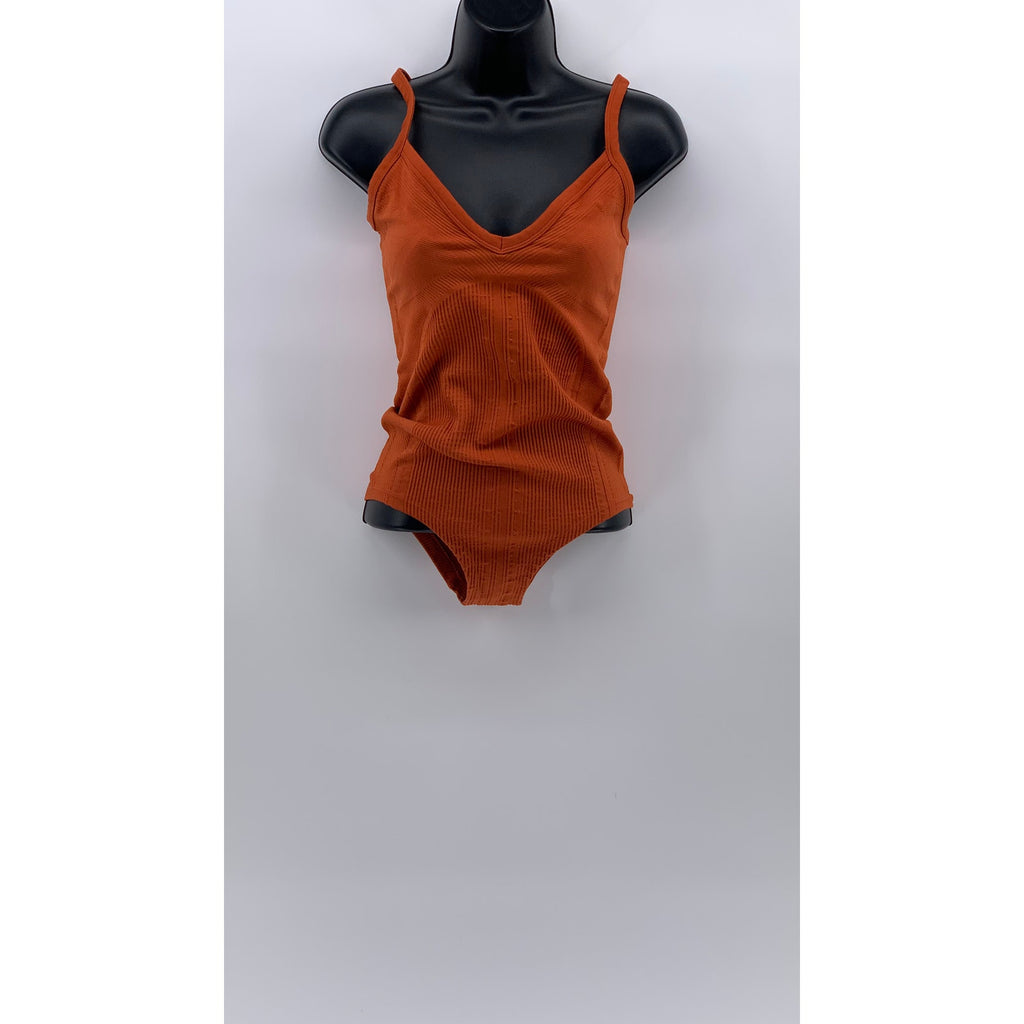 ANTHROPOLOGIE Women's Dark Orange Rib Stretch V-Neck One-Piece Bodysuit SZ XS/S