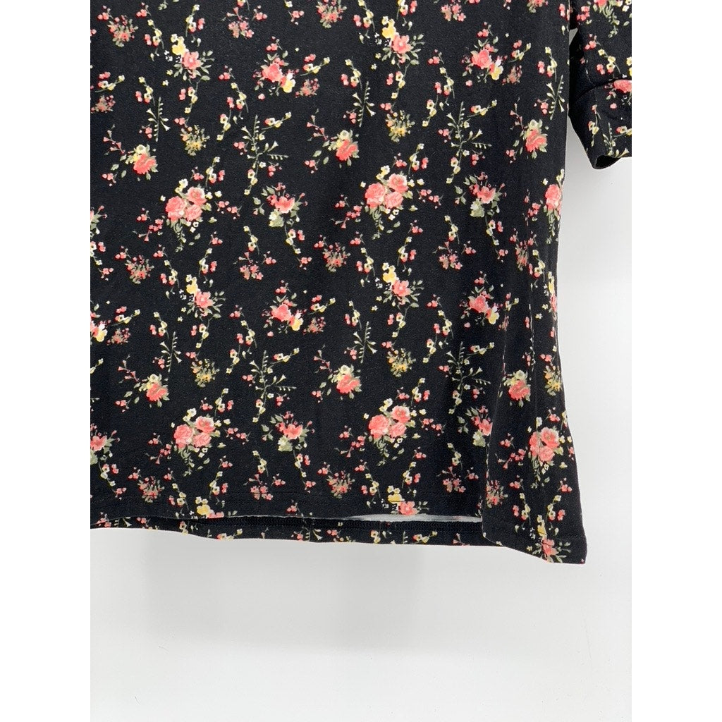 KISS Women's Black Floral Print Puff Short Sleeve Top SZ L