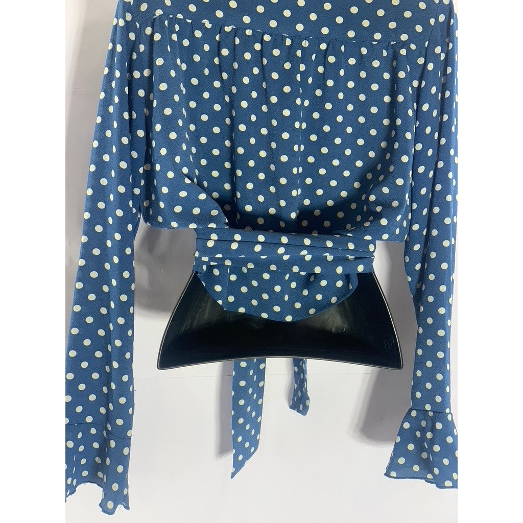 FIVESEVENTYFIVE Women's Blue/White Polka Dot Long Bell Sleeve Wrap Top SZ S