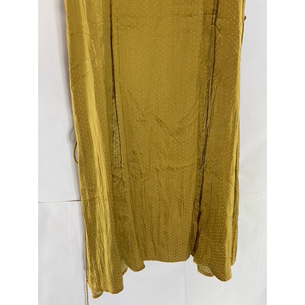 SIMPLE RETRO Women's Gold Micro Dot Print V-Neck Side Slit Midi Dress SZ S
