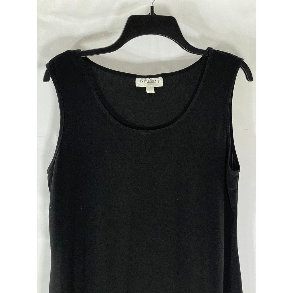 STUDIO I Women's Black Scoop-Neck Sleeveless A-Line Midi Dress SZ 14