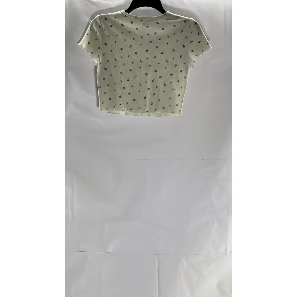 FOREVER 21 Women's White Micro Floral Print Crewneck Short Sleeve Crop Top SZ S